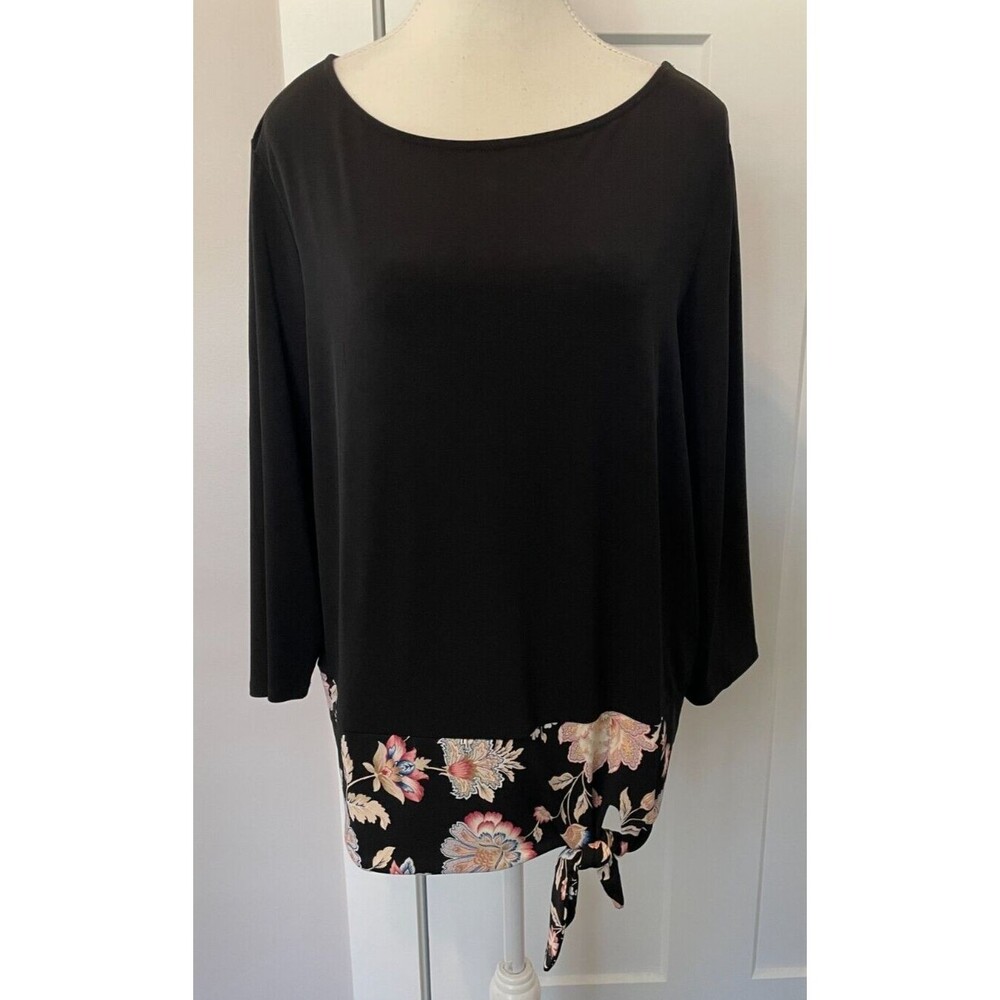 CHICOS Womens Knit TOP 3/4 Sleeve BLACK Pink Floral Front Tie Size 2 (L) NWT